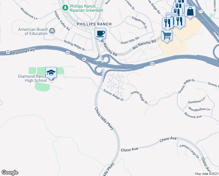 map of restaurants, bars, coffee shops, grocery stores, and more near 12 Deerpath Place in Pomona