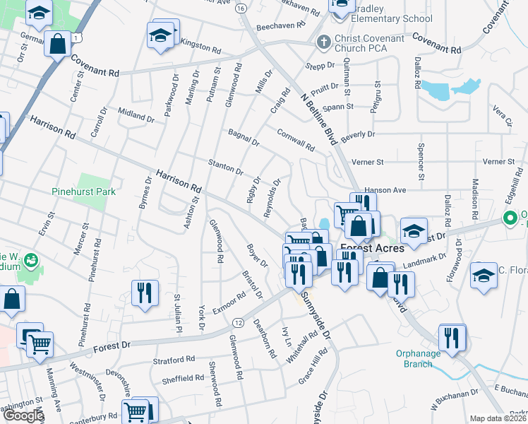 map of restaurants, bars, coffee shops, grocery stores, and more near 2414 Rigby Drive in Columbia