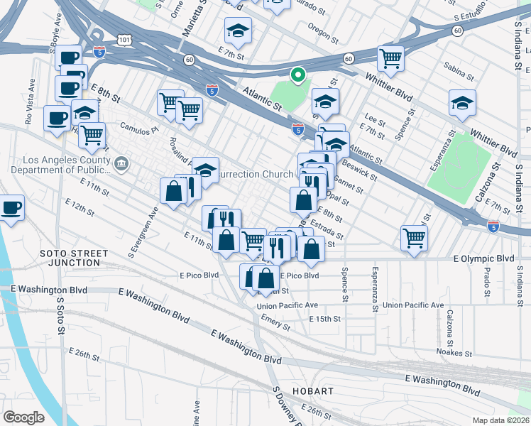 map of restaurants, bars, coffee shops, grocery stores, and more near 1246 South Concord Street in Los Angeles