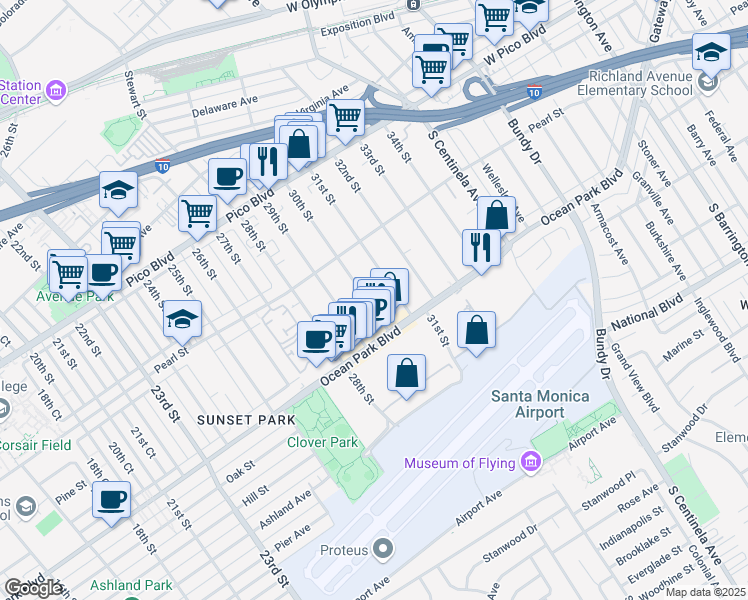map of restaurants, bars, coffee shops, grocery stores, and more near 2627 30th Street in Santa Monica
