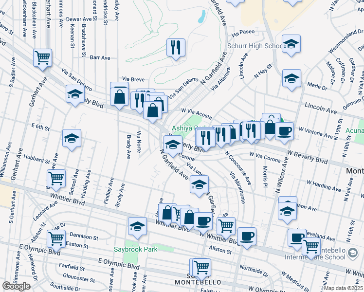 map of restaurants, bars, coffee shops, grocery stores, and more near 2641 West Beverly Boulevard in Montebello