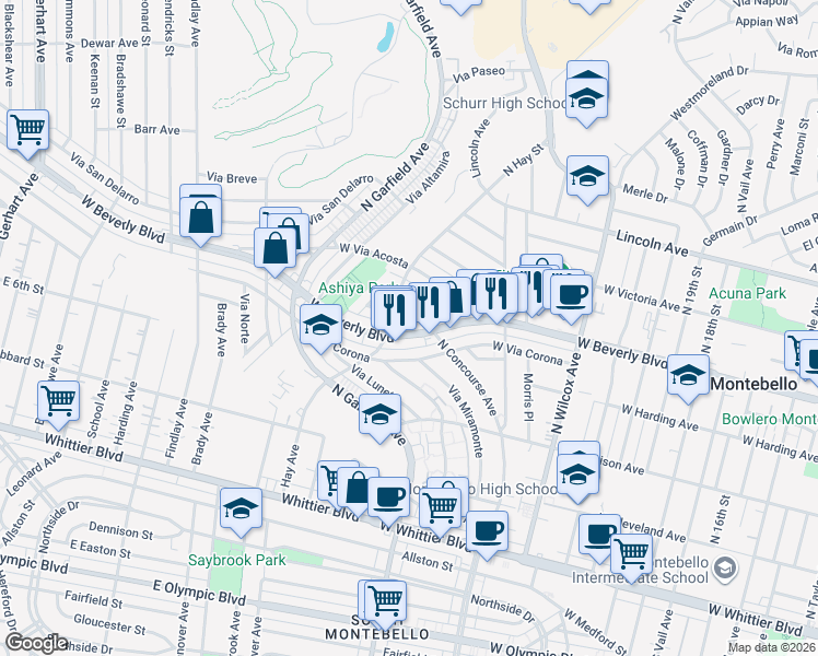 map of restaurants, bars, coffee shops, grocery stores, and more near 2516 West Beverly Boulevard in Montebello