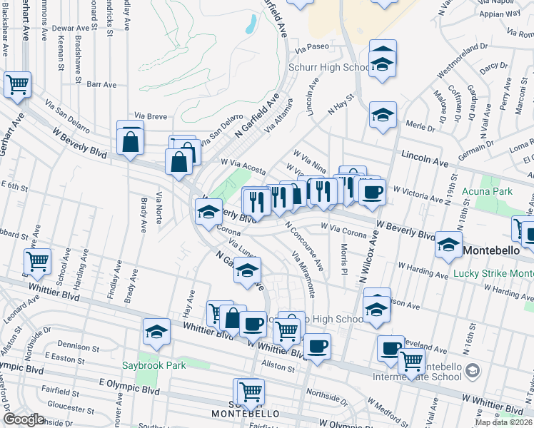 map of restaurants, bars, coffee shops, grocery stores, and more near 2516 West Beverly Boulevard in Montebello