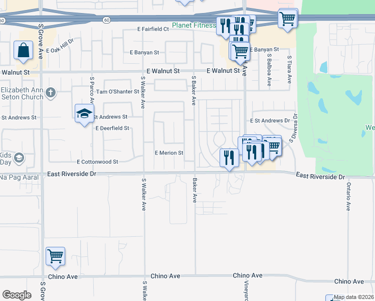 map of restaurants, bars, coffee shops, grocery stores, and more near 2905 South Castle Harbour Place in Ontario