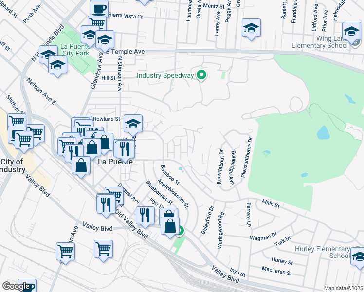 map of restaurants, bars, coffee shops, grocery stores, and more near 134 Buckeye Street in La Puente