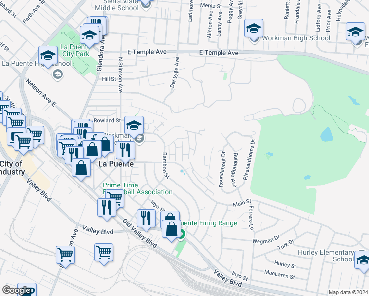 map of restaurants, bars, coffee shops, grocery stores, and more near 134 Buckeye Street in La Puente