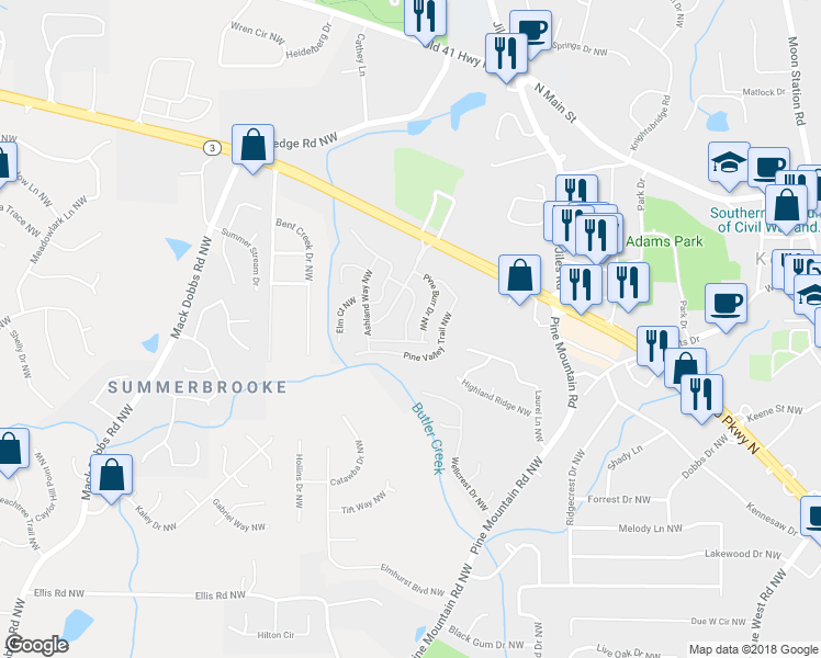 map of restaurants, bars, coffee shops, grocery stores, and more near 22 Pine Club Drive Northwest in Kennesaw