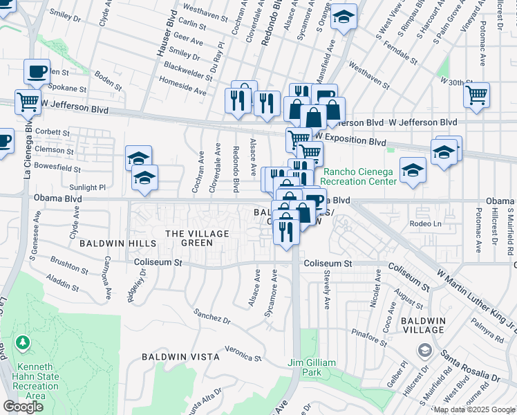 map of restaurants, bars, coffee shops, grocery stores, and more near 5175 Village Green in Los Angeles