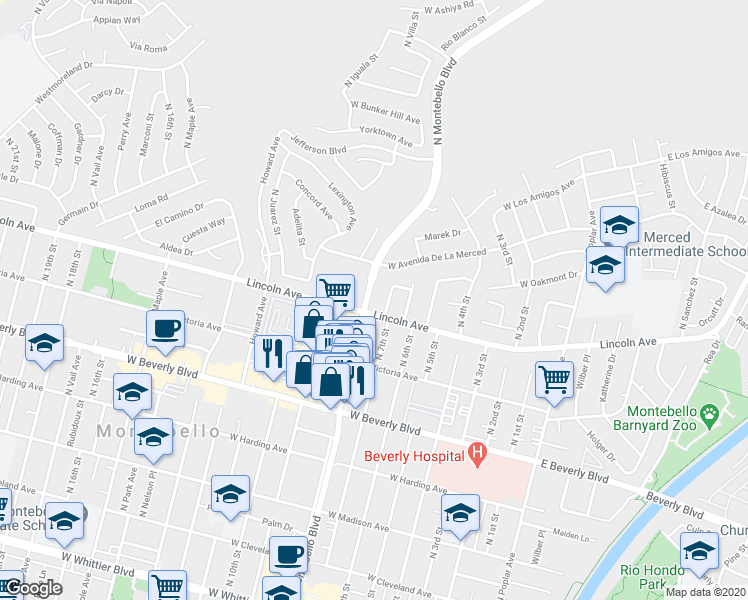 map of restaurants, bars, coffee shops, grocery stores, and more near 708 North Montebello Boulevard in Montebello