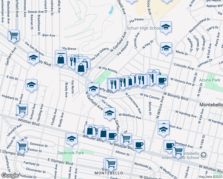 map of restaurants, bars, coffee shops, grocery stores, and more near 2617 Plaza Libre South in Montebello