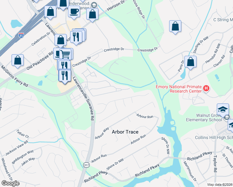 map of restaurants, bars, coffee shops, grocery stores, and more near 112 Reynolds Court in Suwanee