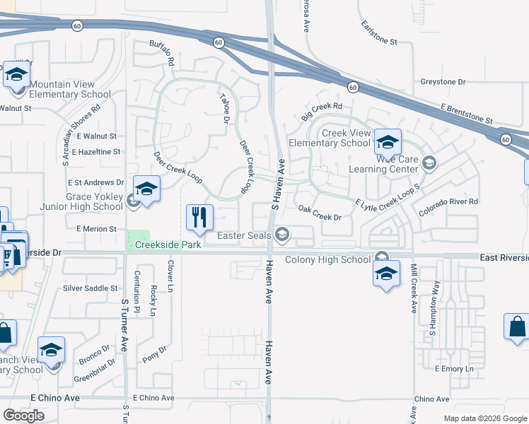 map of restaurants, bars, coffee shops, grocery stores, and more near 3413 Morningwood Court in Ontario