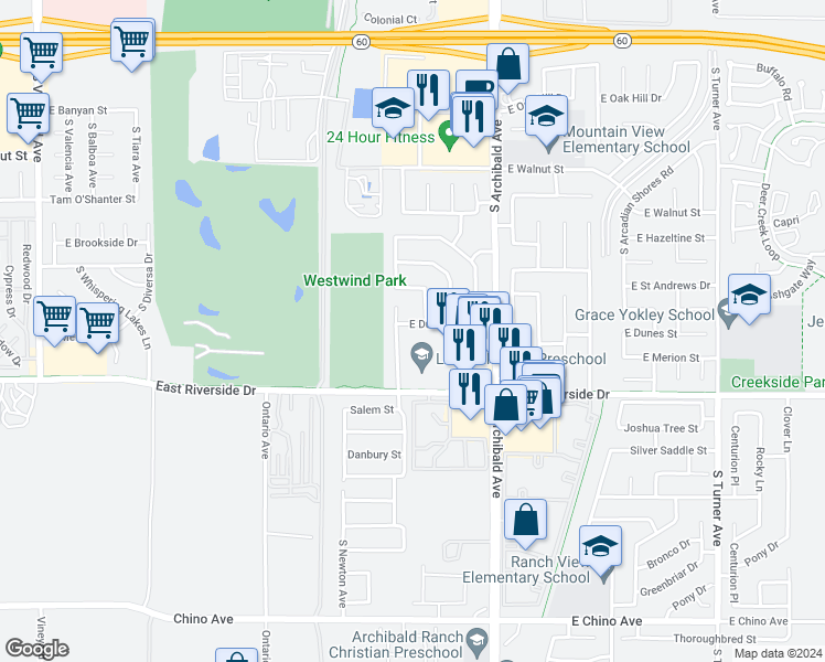 map of restaurants, bars, coffee shops, grocery stores, and more near 2534 East Dunes Street in Ontario