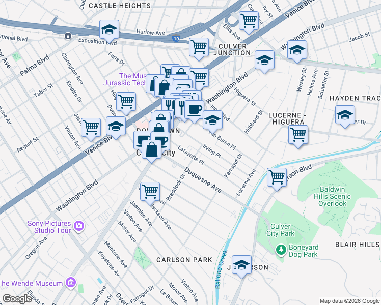 map of restaurants, bars, coffee shops, grocery stores, and more near 4070 Lafayette Place in Culver City