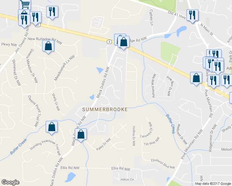 map of restaurants, bars, coffee shops, grocery stores, and more near 2793 Summer Ridge Lane in Kennesaw