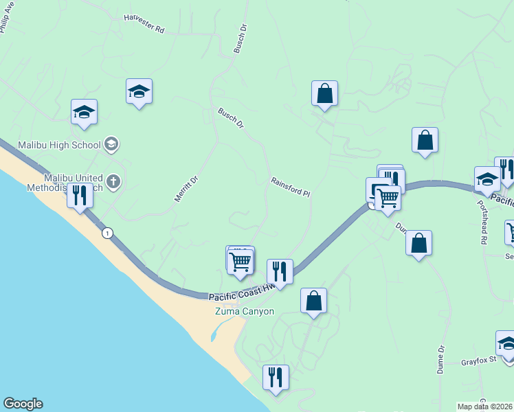 map of restaurants, bars, coffee shops, grocery stores, and more near 6245 Busch Drive in Malibu