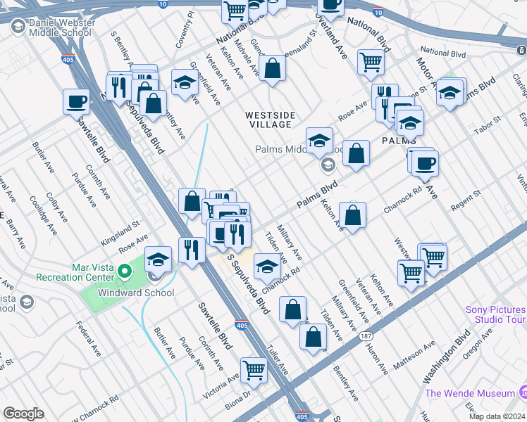 map of restaurants, bars, coffee shops, grocery stores, and more near 3461 Military Avenue in Los Angeles