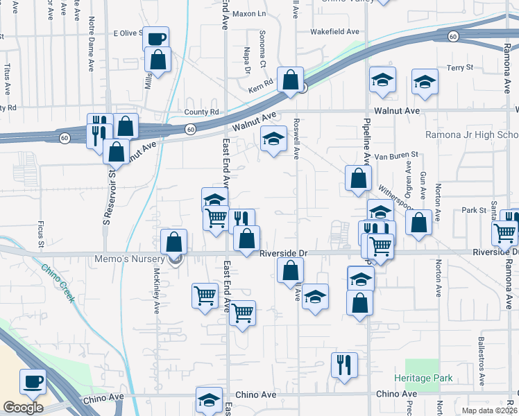 map of restaurants, bars, coffee shops, grocery stores, and more near Pilgrims Way in Chino