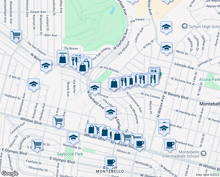 map of restaurants, bars, coffee shops, grocery stores, and more near 2617 Plaza Libre South in Montebello
