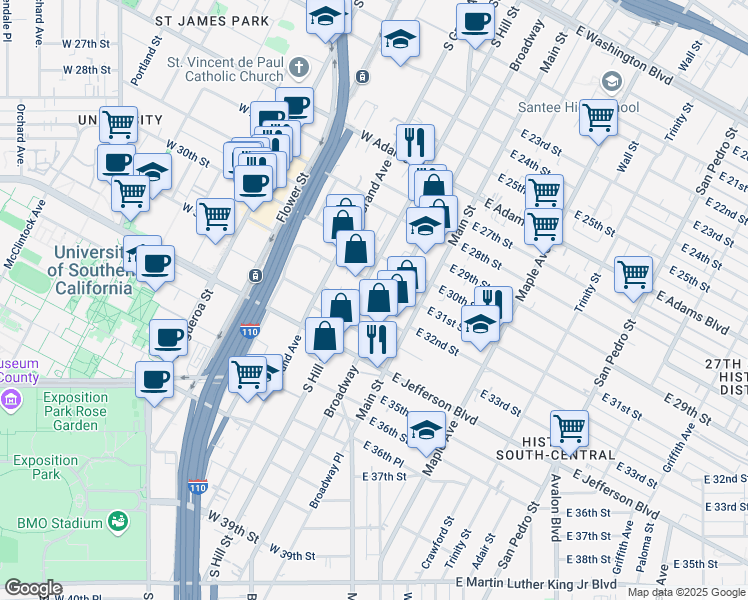 map of restaurants, bars, coffee shops, grocery stores, and more near 162 West 31st Street in Los Angeles