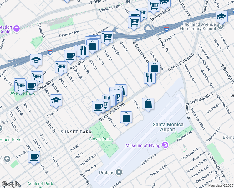 map of restaurants, bars, coffee shops, grocery stores, and more near 2627 30th Street in Santa Monica