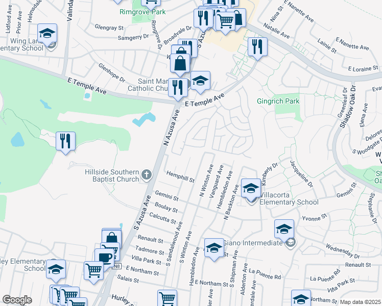map of restaurants, bars, coffee shops, grocery stores, and more near 261 Zenith Avenue in La Puente