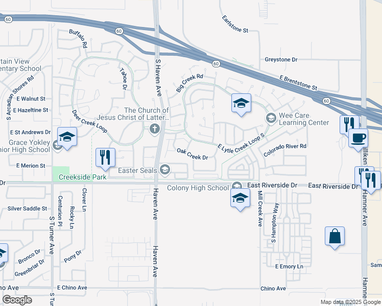 map of restaurants, bars, coffee shops, grocery stores, and more near 3627 Oak Creek Drive in Ontario