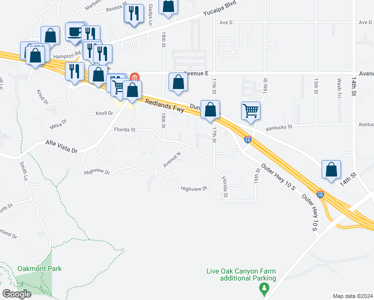 map of restaurants, bars, coffee shops, grocery stores, and more near 31795 Avenue North in Redlands