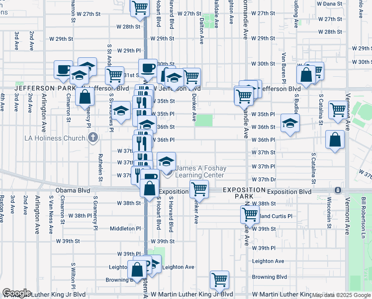 map of restaurants, bars, coffee shops, grocery stores, and more near 1575 West 37th Street in Los Angeles
