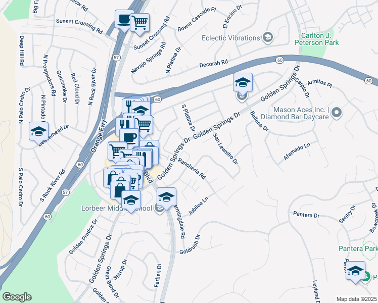 map of restaurants, bars, coffee shops, grocery stores, and more near 400 Rancheria Road in Diamond Bar