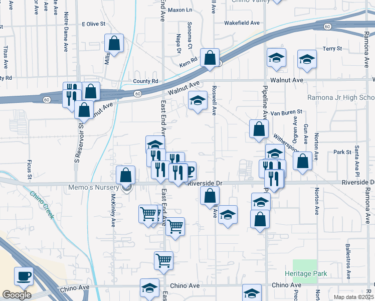 map of restaurants, bars, coffee shops, grocery stores, and more near Pilgrims Way in Chino