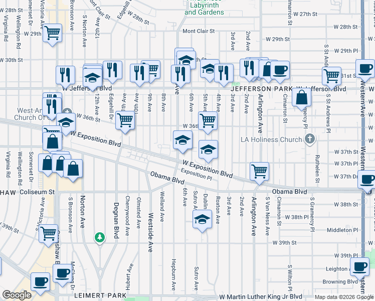 map of restaurants, bars, coffee shops, grocery stores, and more near 3659 6th Avenue in Los Angeles