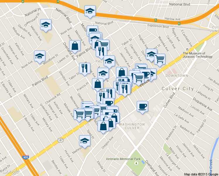 map of restaurants, bars, coffee shops, grocery stores, and more near 3735 Mentone Avenue in Los Angeles