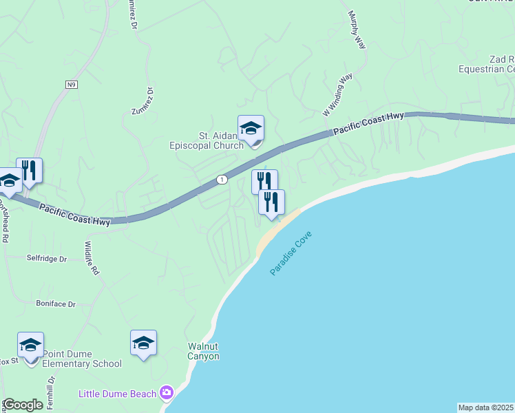 map of restaurants, bars, coffee shops, grocery stores, and more near 68 Paradise Cove Road in Malibu