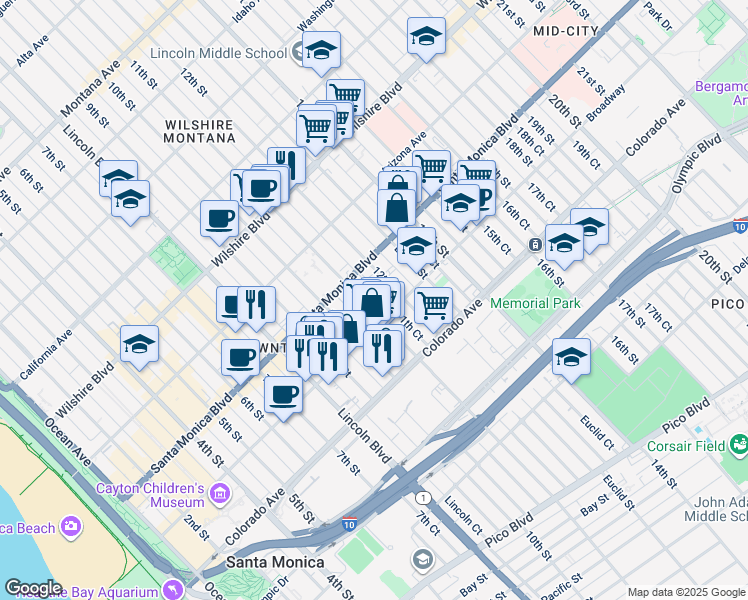 map of restaurants, bars, coffee shops, grocery stores, and more near 1437 11th Street in Santa Monica