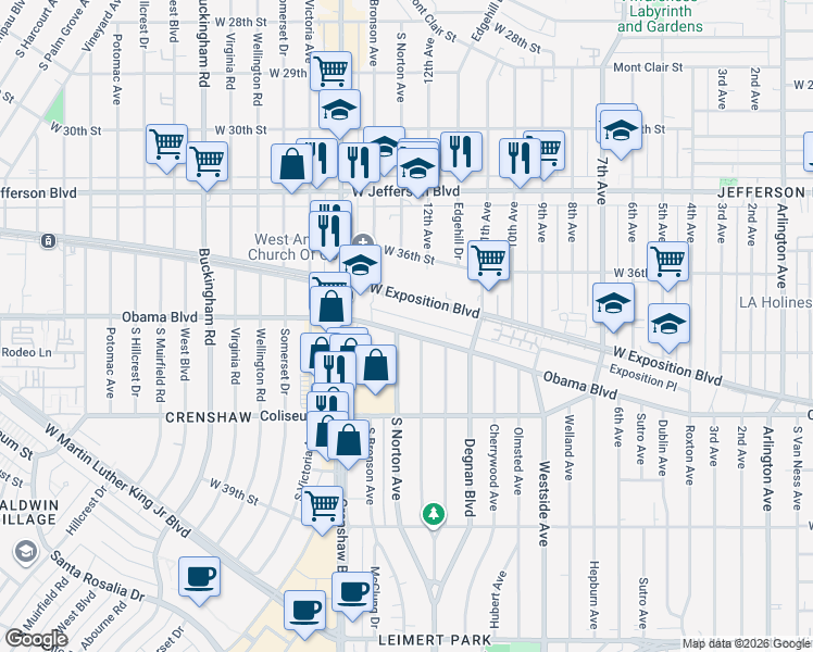 map of restaurants, bars, coffee shops, grocery stores, and more near 3317 Rodeo Road in Los Angeles