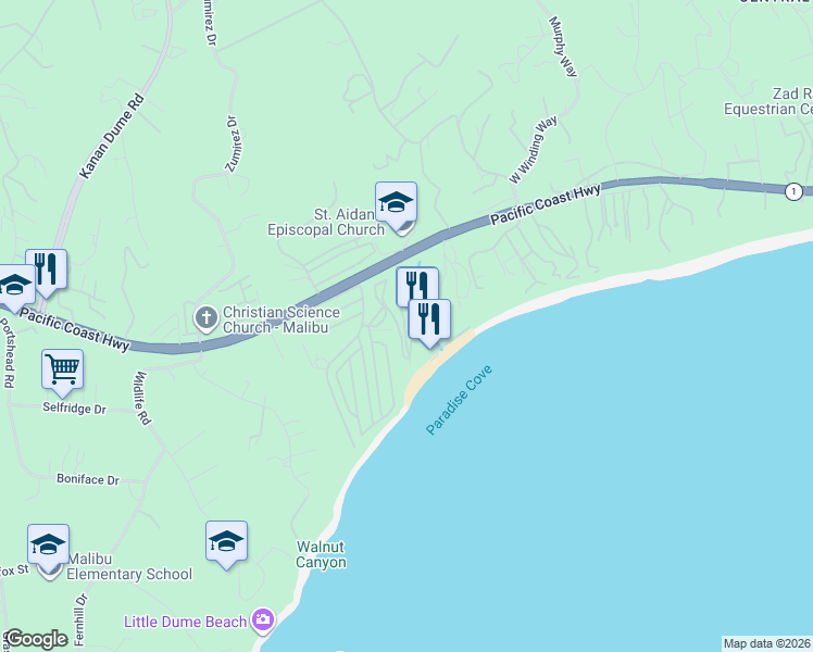 map of restaurants, bars, coffee shops, grocery stores, and more near 28128 Pacific Coast Highway in Malibu