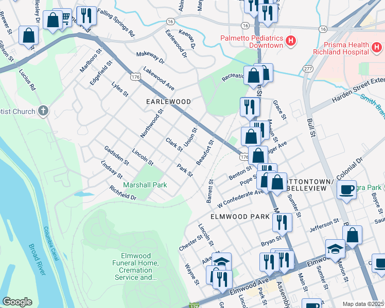 map of restaurants, bars, coffee shops, grocery stores, and more near 2814 Clark Street in Columbia