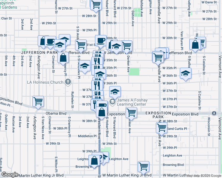 map of restaurants, bars, coffee shops, grocery stores, and more near 1637 West 37th Street in Los Angeles
