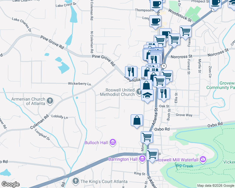 map of restaurants, bars, coffee shops, grocery stores, and more near 315 Roswell Farms Road in Roswell