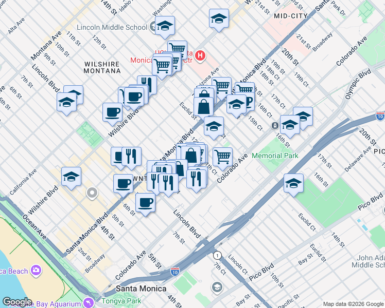 map of restaurants, bars, coffee shops, grocery stores, and more near 1417 11th Street in Santa Monica