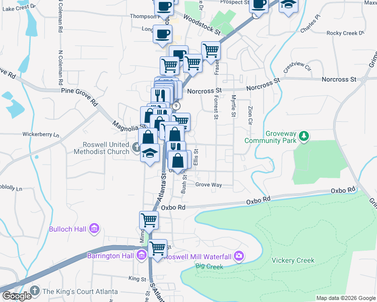 map of restaurants, bars, coffee shops, grocery stores, and more near 39 Hill Street in Roswell