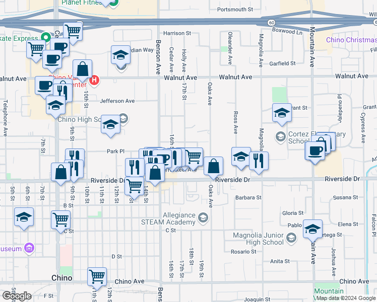 map of restaurants, bars, coffee shops, grocery stores, and more near 12785 17th Street in Chino