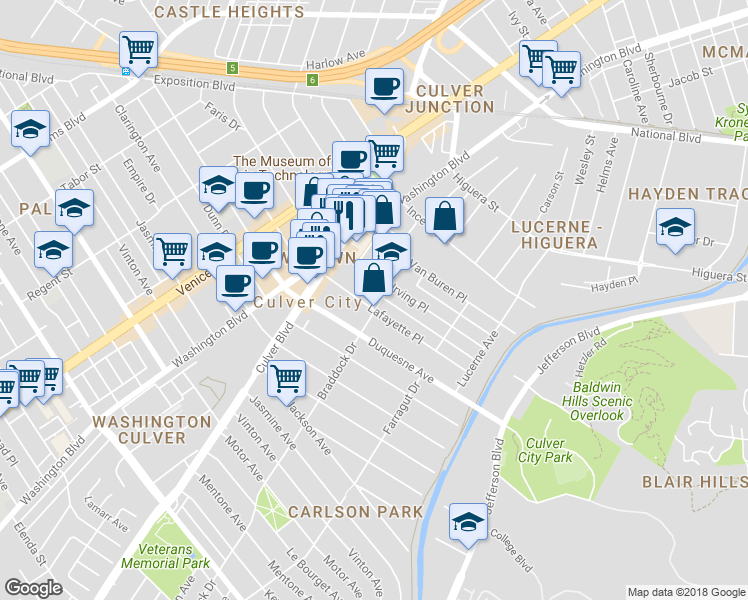 map of restaurants, bars, coffee shops, grocery stores, and more near 4076 Lafayette Place in Culver City