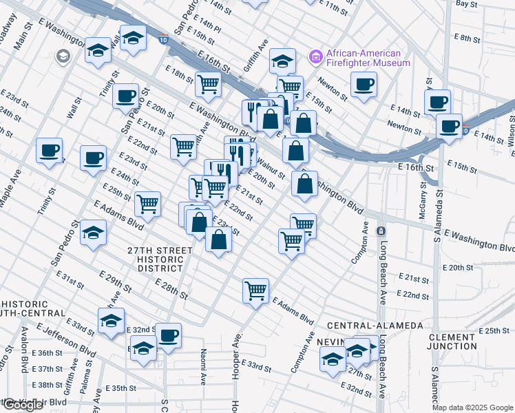 map of restaurants, bars, coffee shops, grocery stores, and more near 1348 East 21st Street in Los Angeles