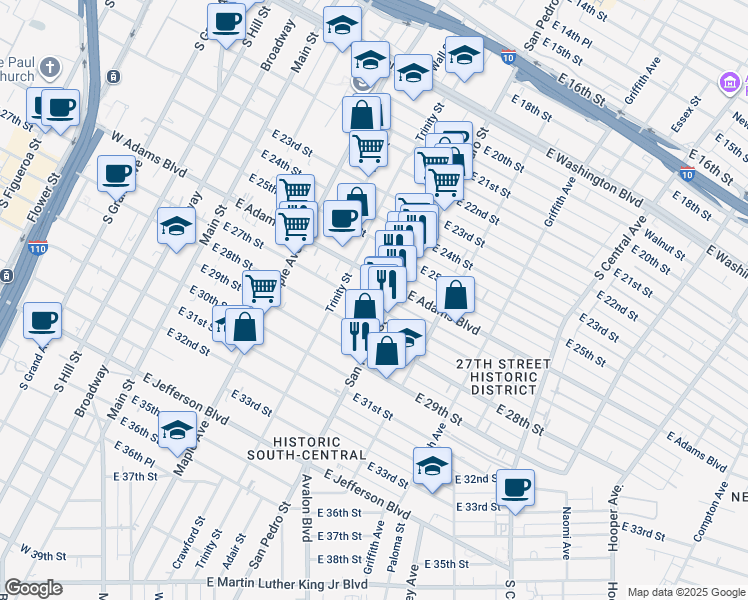 map of restaurants, bars, coffee shops, grocery stores, and more near 623 East 27th Street in Los Angeles