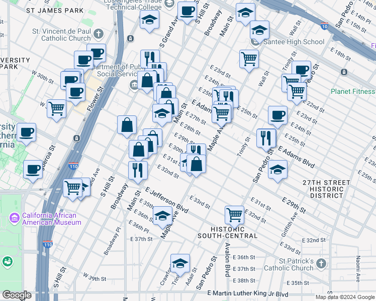 map of restaurants, bars, coffee shops, grocery stores, and more near 210 East 29th Street in Los Angeles