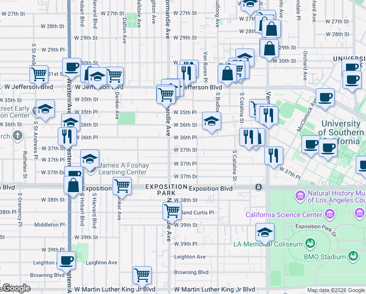 map of restaurants, bars, coffee shops, grocery stores, and more near 1350 West 36th Place in Los Angeles