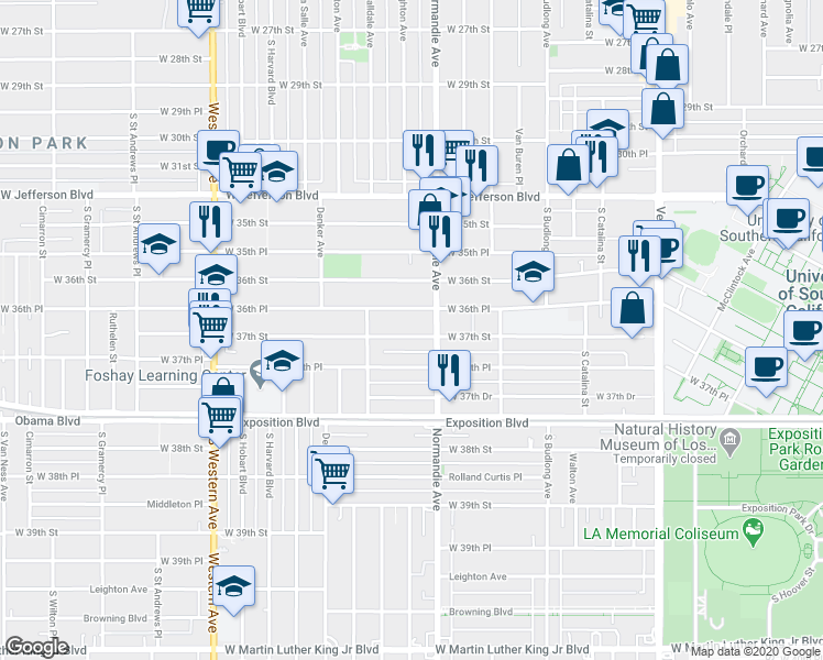 map of restaurants, bars, coffee shops, grocery stores, and more near 3661 Normandie Avenue in Los Angeles
