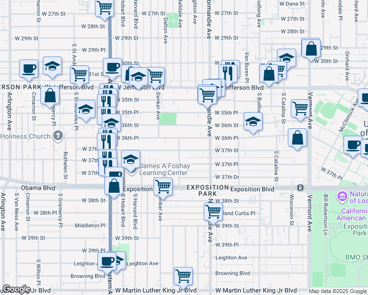 map of restaurants, bars, coffee shops, grocery stores, and more near 1458 West 36th Place in Los Angeles